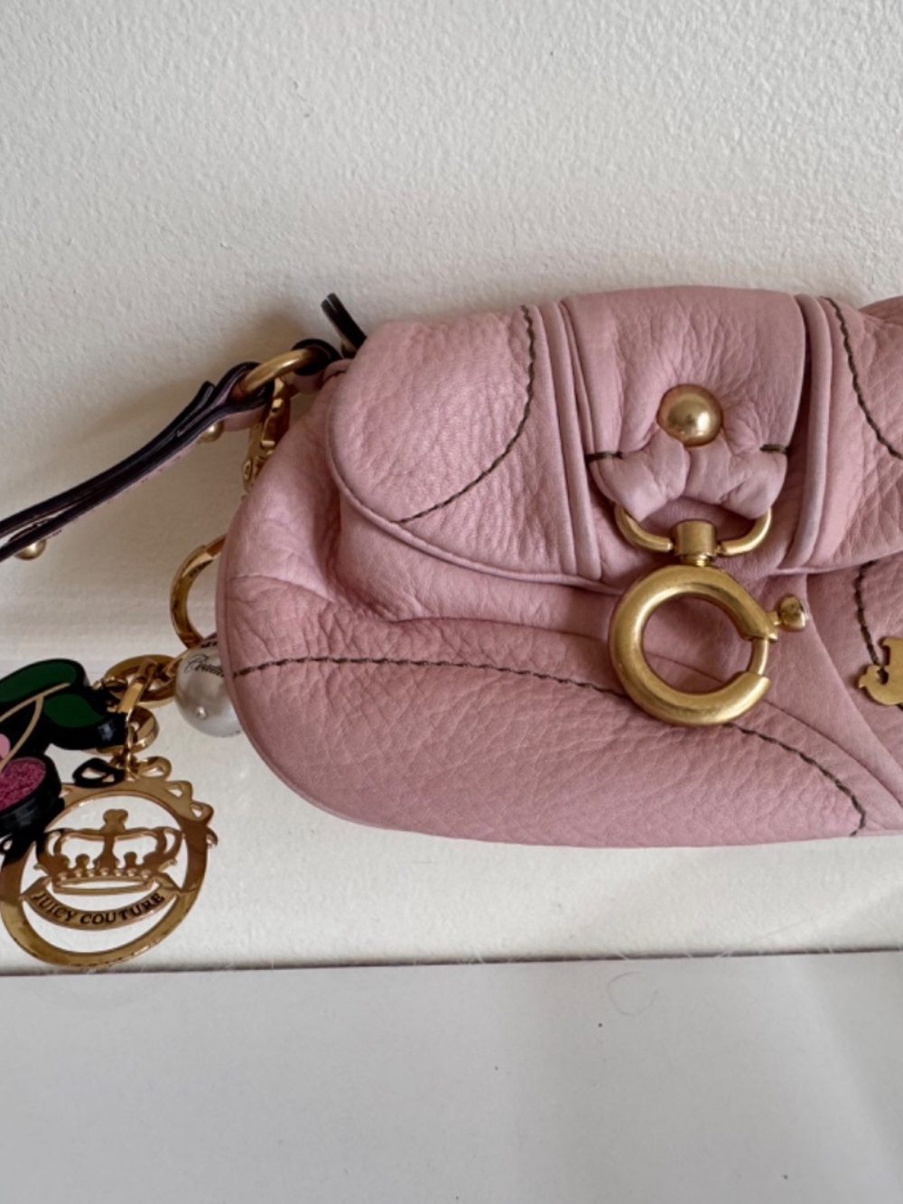 Juicy Couture Y2K Pink Leather Wristlet Mini Bag Charm Set Coquette Girly